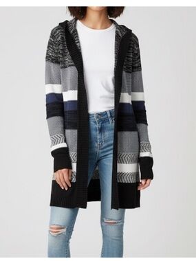 Roxy  Striped Hooded Open-Front Cardigan - Black, Gray & Blue